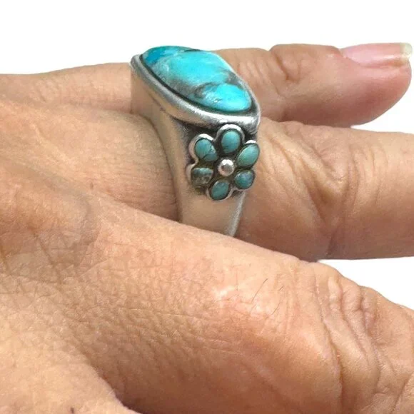 Vintage Barse 925 Sterling Silver Turquoise Ring Size 8 With Floral Side Detail - Picture 3 of 11
